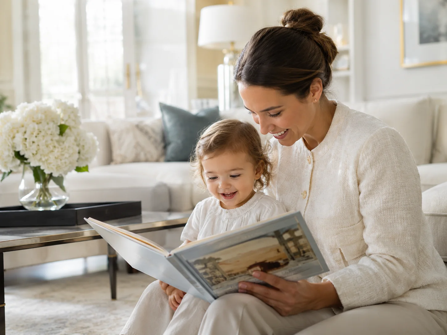 Nanny reading with a young child in a bright family home