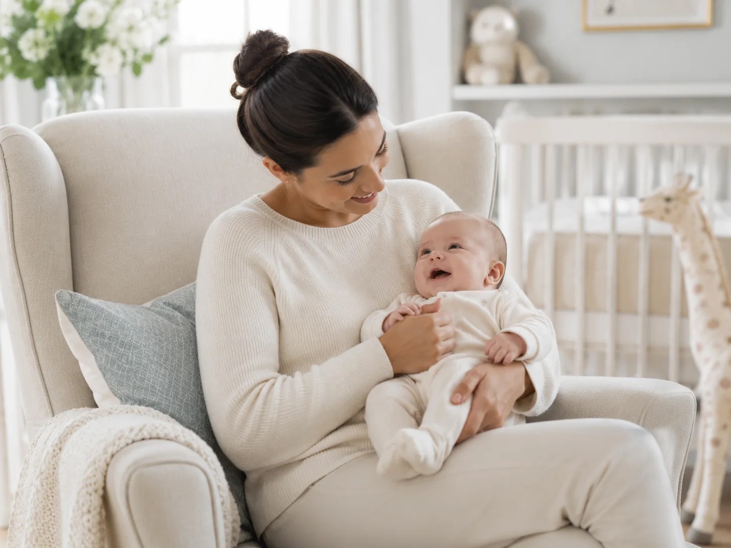 Nanny gently caring for a baby in a nursery