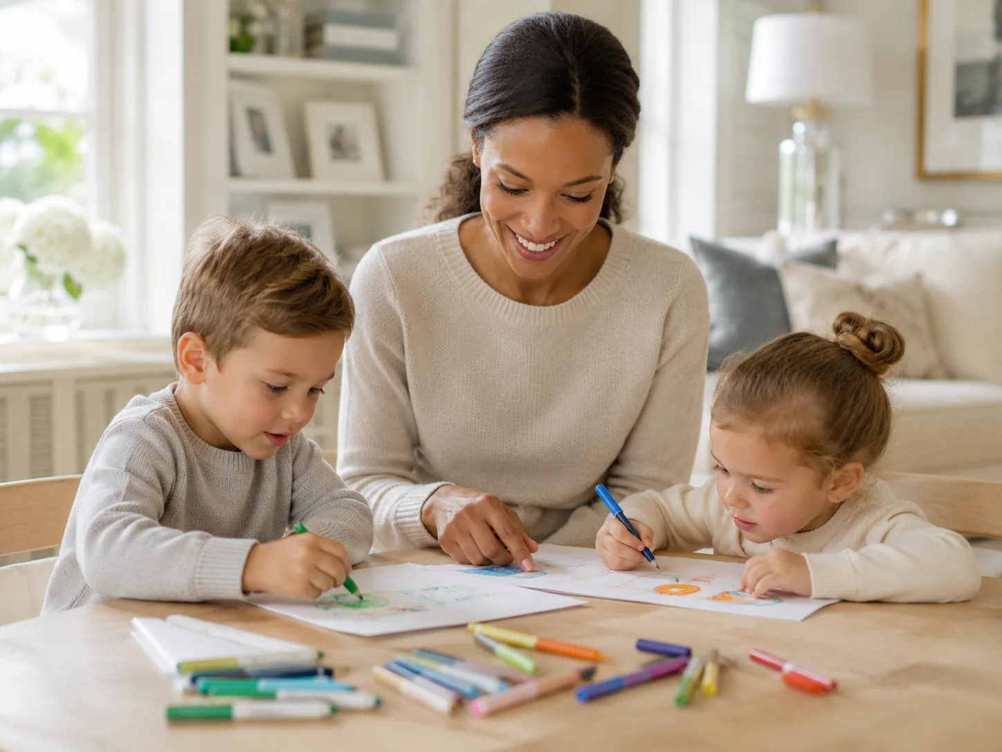 Nanny enjoying an educational art activity with two children