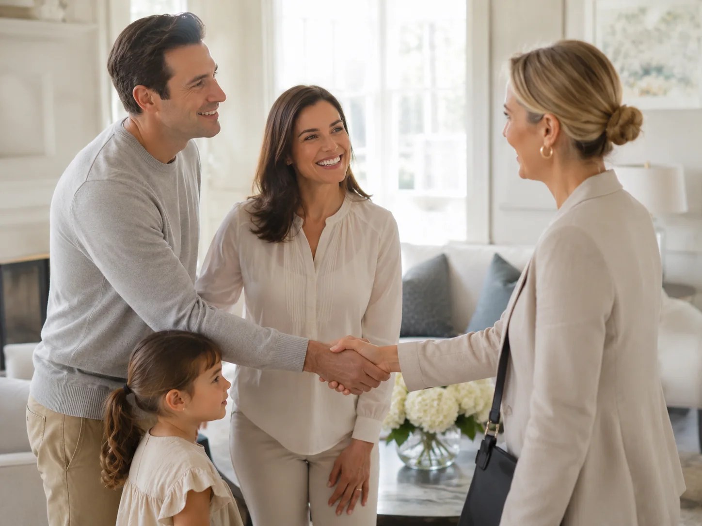 Family warmly greeting a professional nanny
