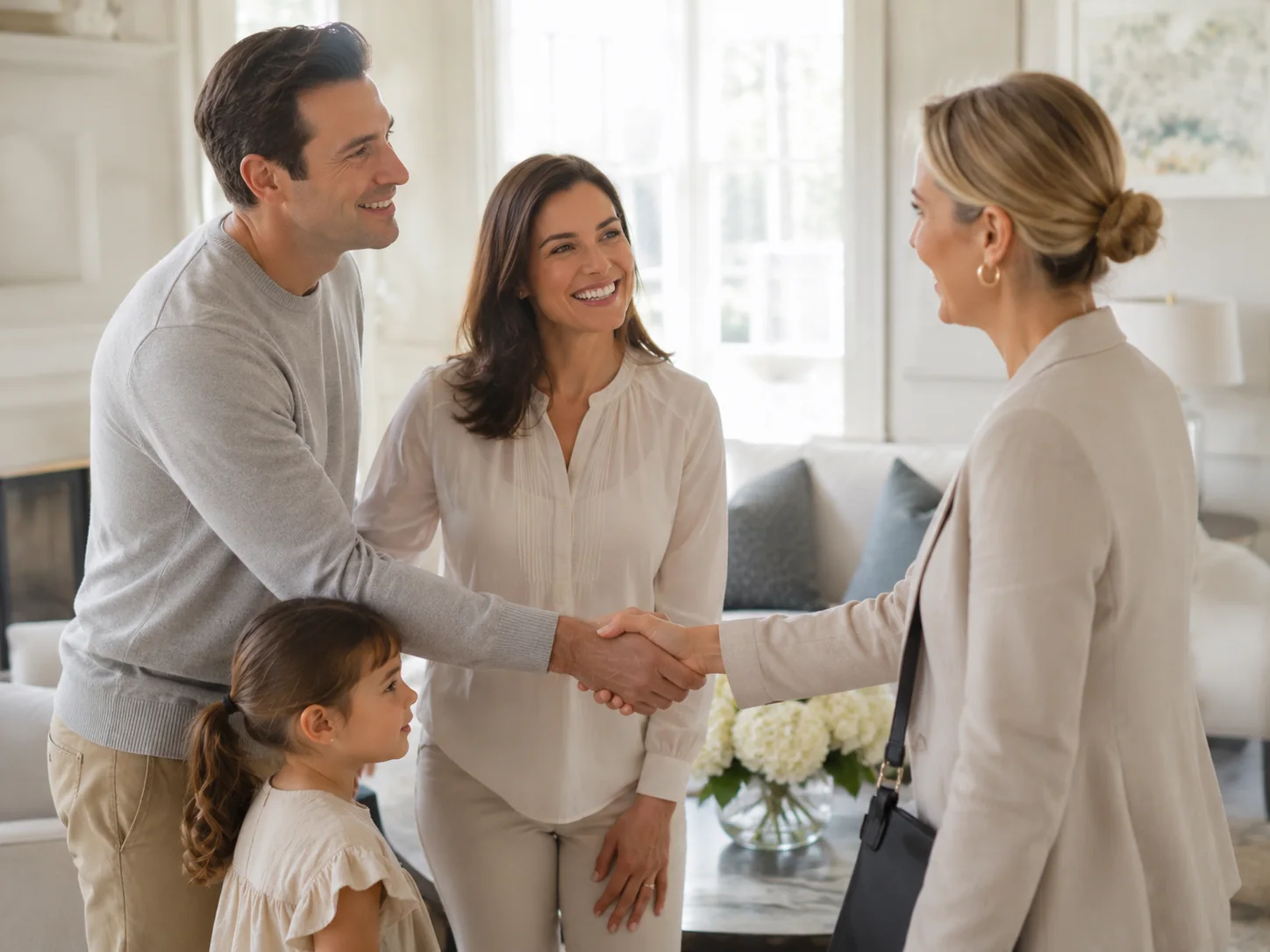 Family warmly greeting a professional nanny
